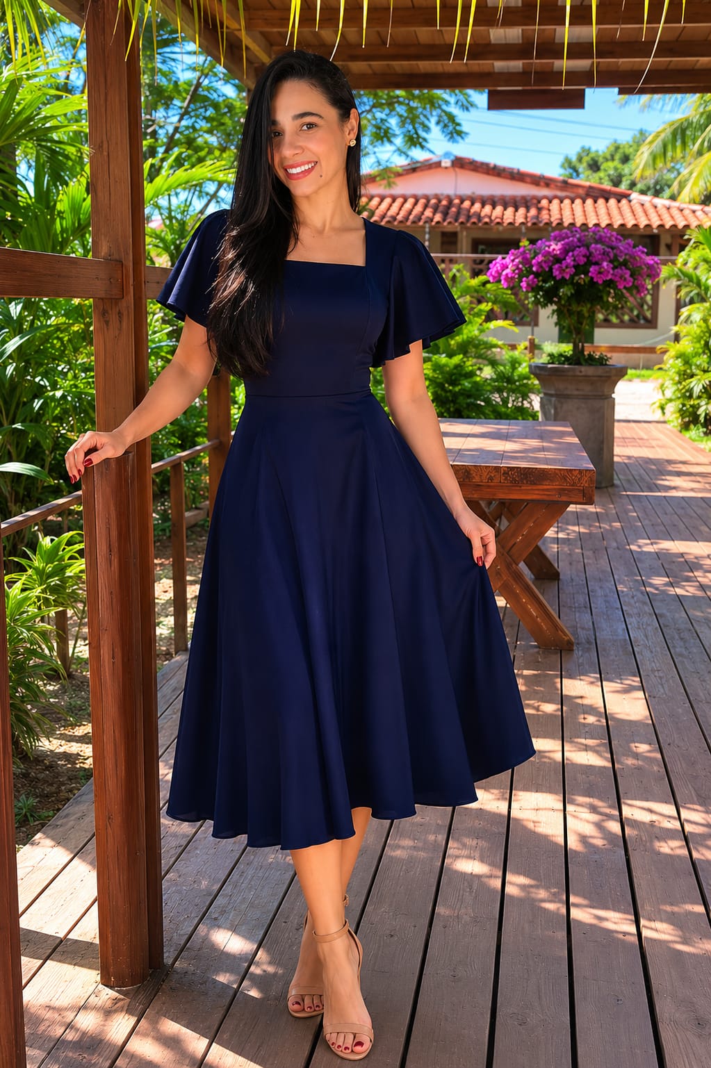 Modelo da Boutique da Vinha em vestido azul-marinho